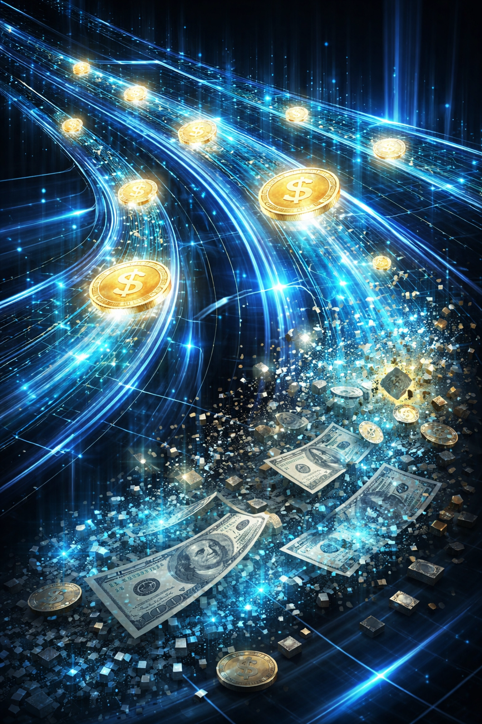 Glowing digital tokens stream through a blockchain network as traditional currency dissolves, illustrating the shift to crypto payments and reduced merchant fees.