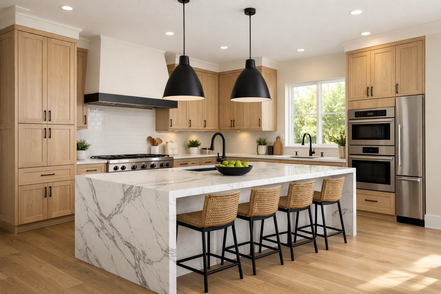 Transitional kitchen remodeling Orlando with white oak cabinets and a sleek marble waterfall island.