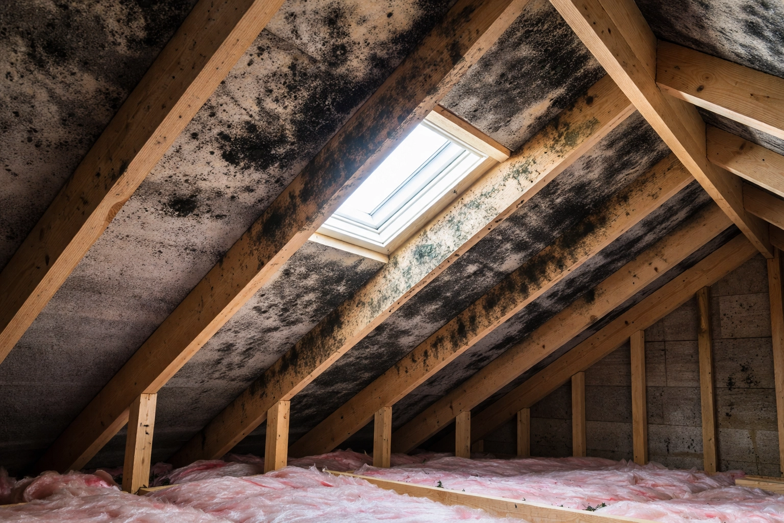 Attic roof timbers with black mould and mildew, showing condensation damage and poor ventilation in a NI home.