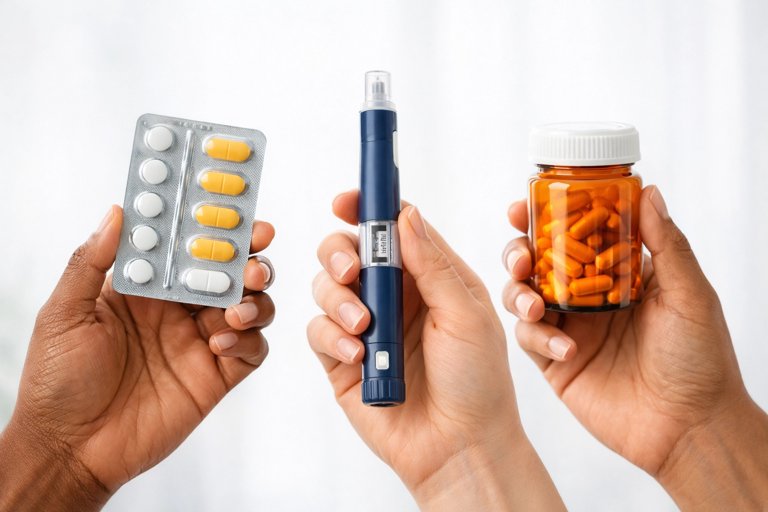 Different weight loss medication formats including pills, injection pen, and bottle showing treatment options