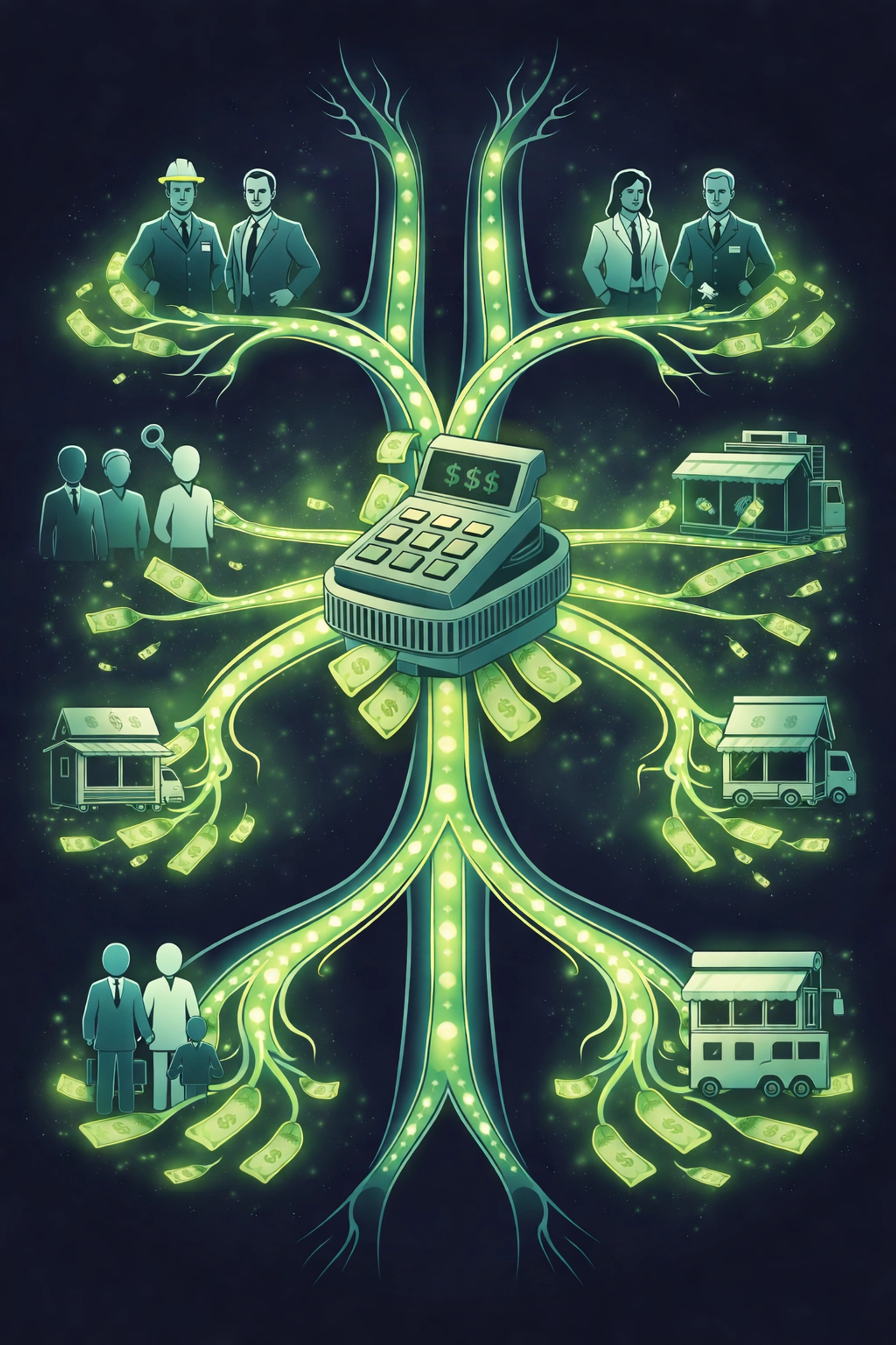 Infographic of money flowing through a circulatory system with a cash register as the heart, showing economic circulation.