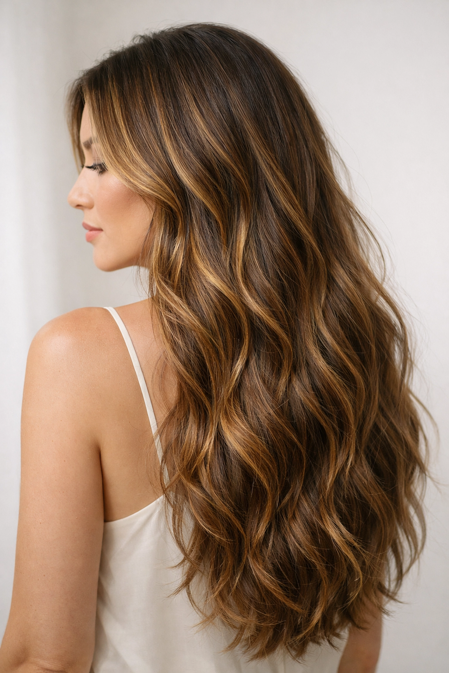 Multidimensional chestnut and gold lived-in highlights on long wavy hair, a top 2026 trend in Concord.