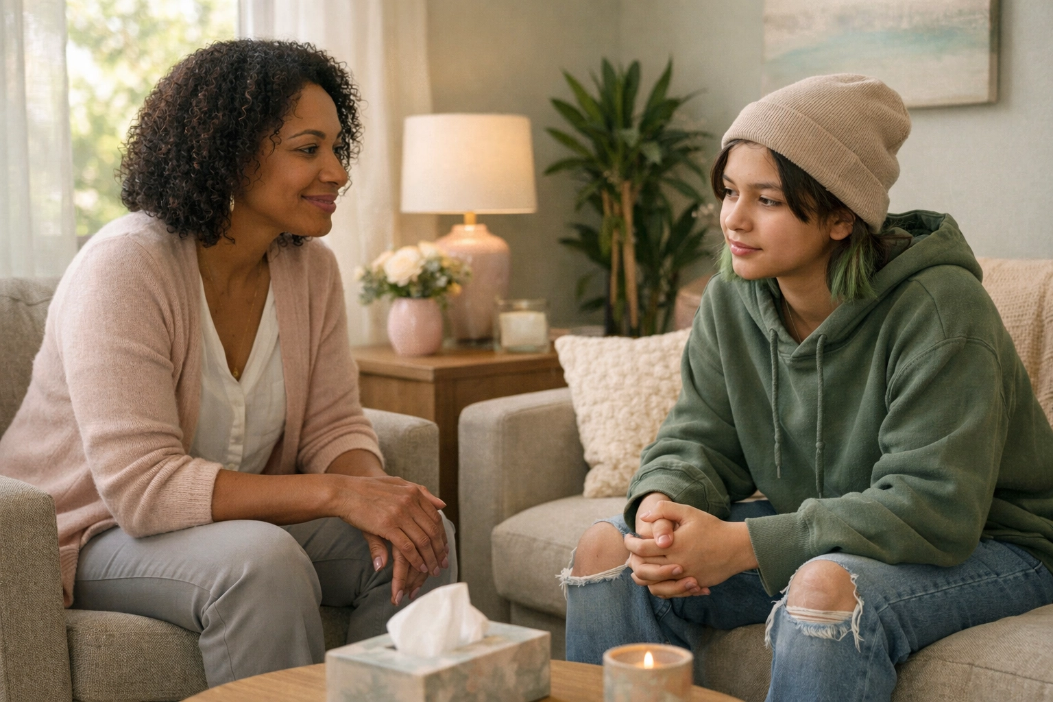 Therapist supporting a teen in a serene office, focused on emotional healing and understanding in a gentle conversation.
