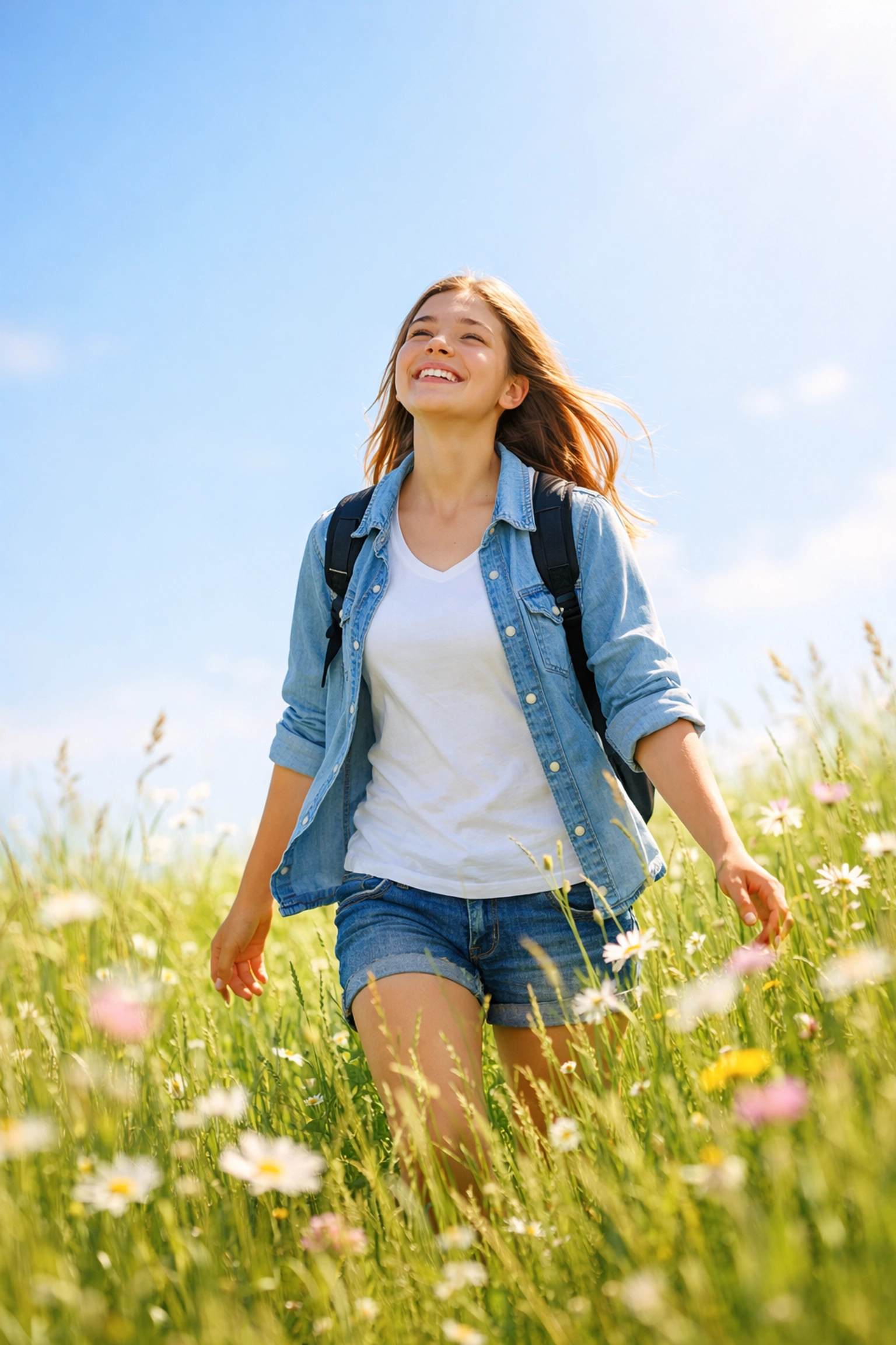 A happy teenage girl smiling in a meadow, showing hope after teen residential treatment.