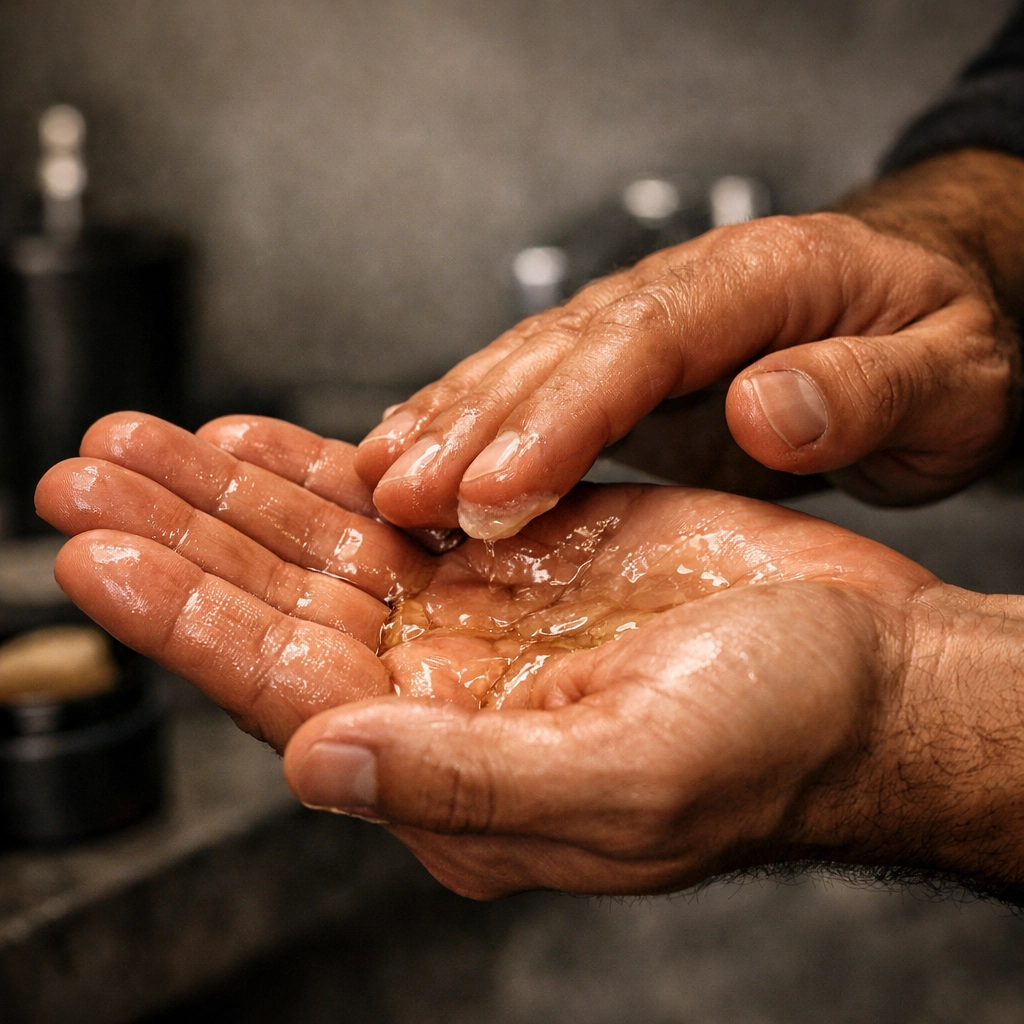 Close-up of hands melting beard butter into a smooth oil for a daily grooming routine.
