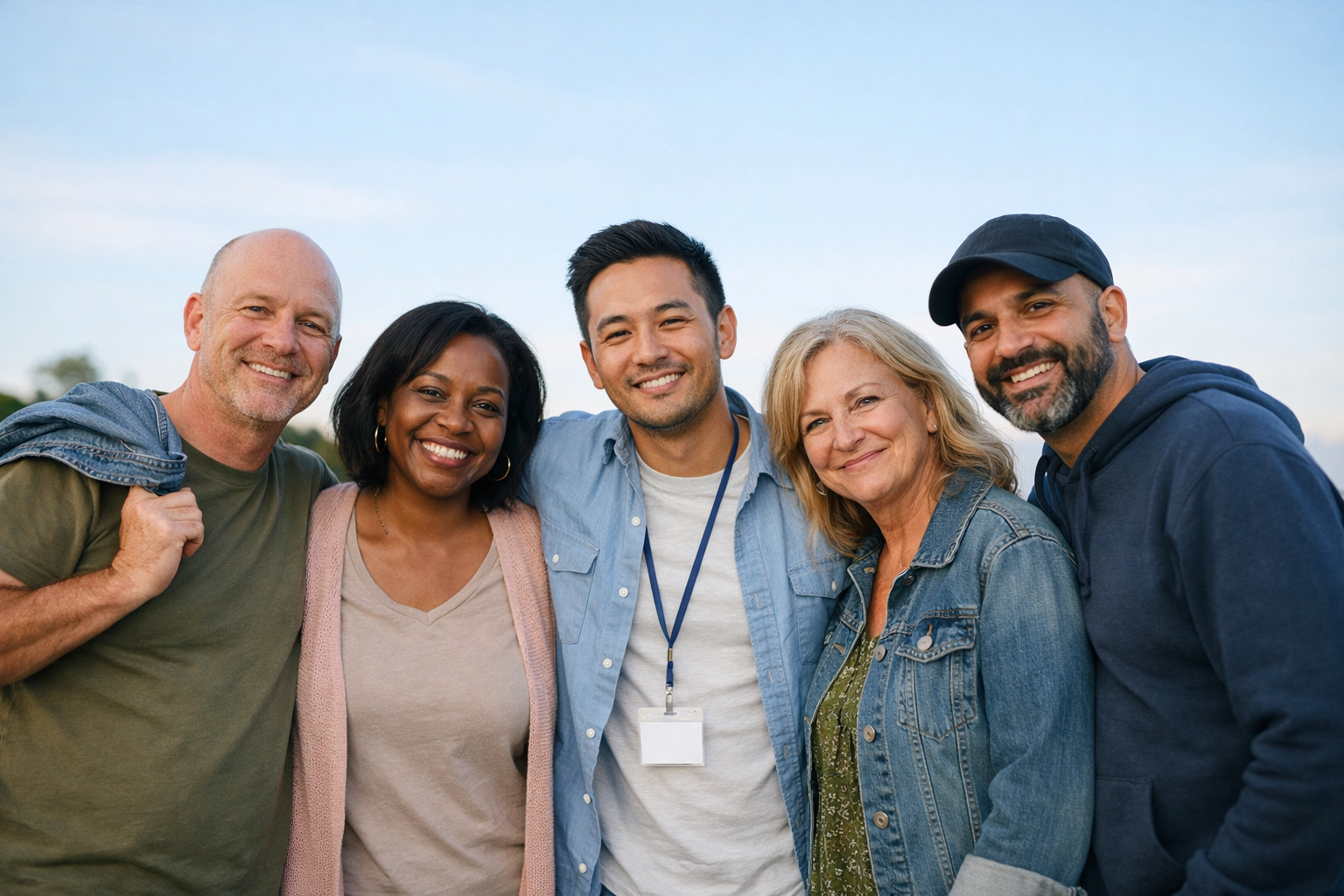Warm, inclusive photo of a small diverse group standing together after a support meeting, showing community over stigma
