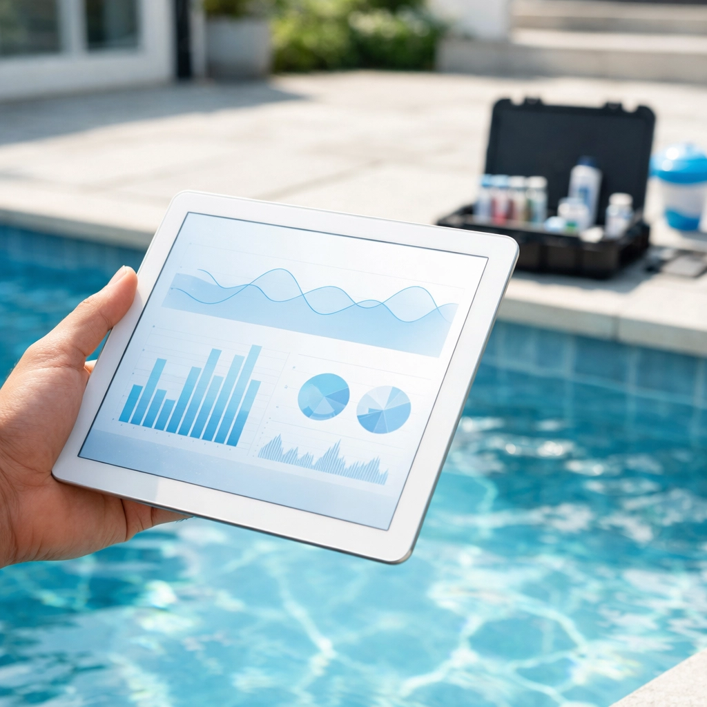Tablet displaying service data over a clear pool, representing professional documentation for a pool route sale.