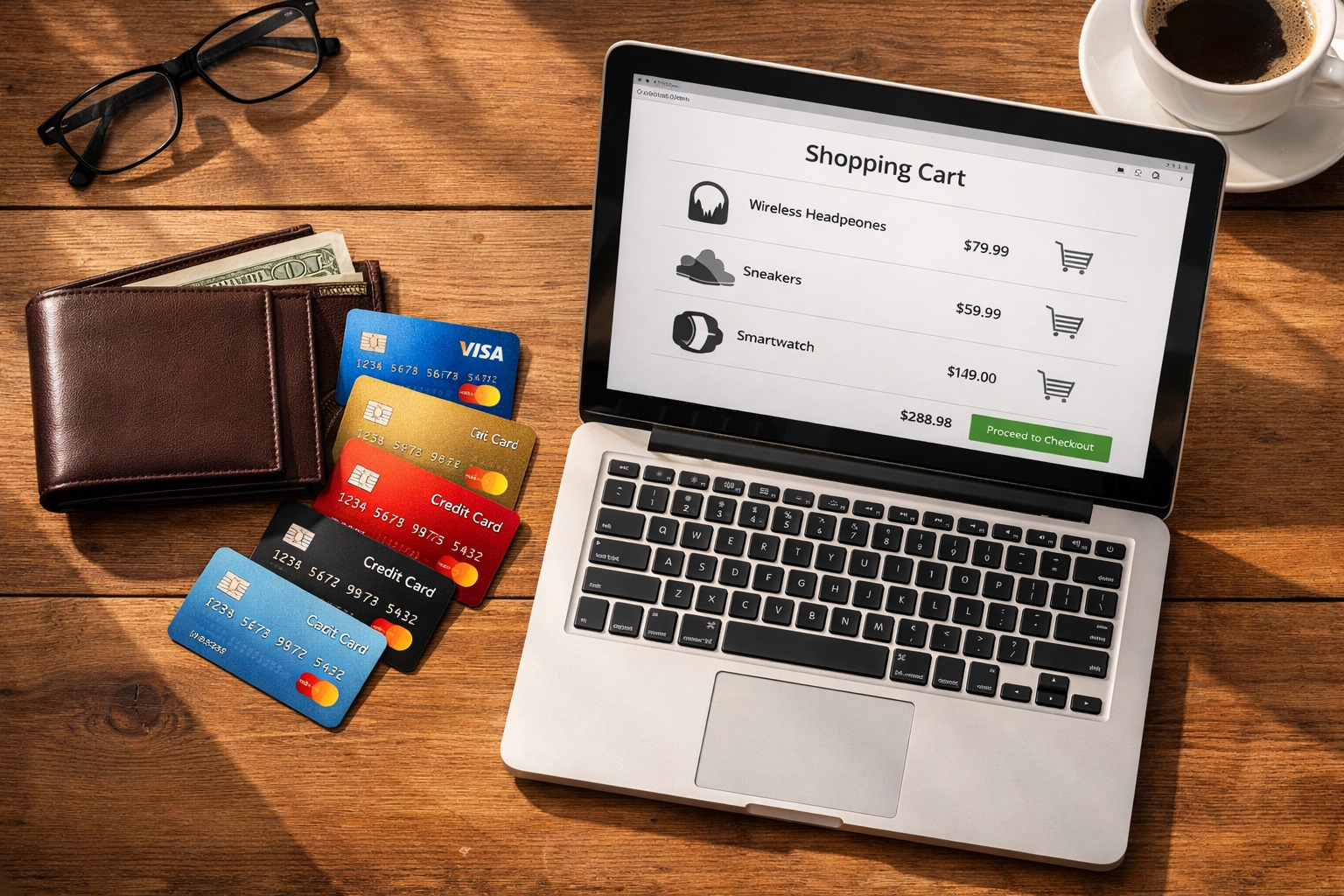 Credit cards and laptop showing online shopping cart for secure payment methods