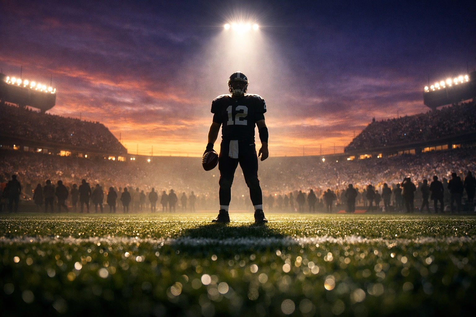 A focused youth quarterback standing alone on a football field at dawn, representing elite character.