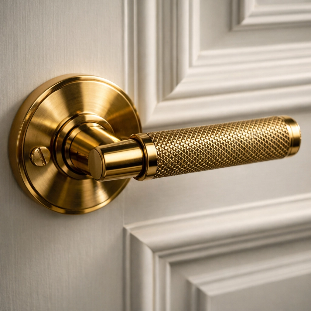 Detail of luxury solid brass door hardware on an interior door with custom architectural trim.