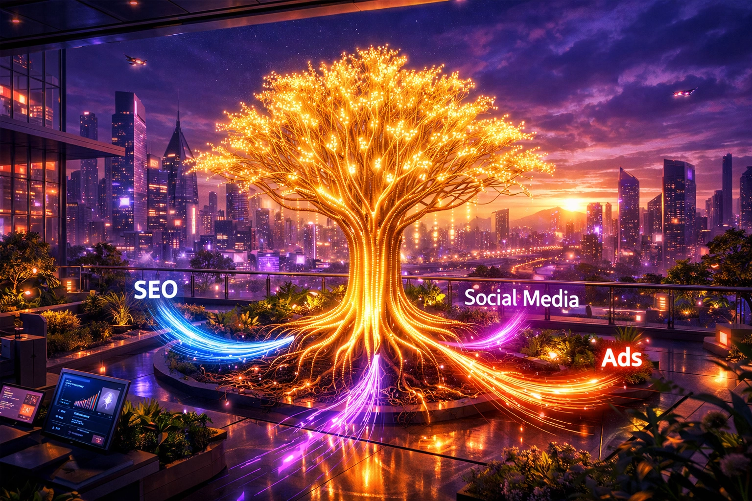 Digital marketing ecosystem using local SEO, Google ads management, and social media services.