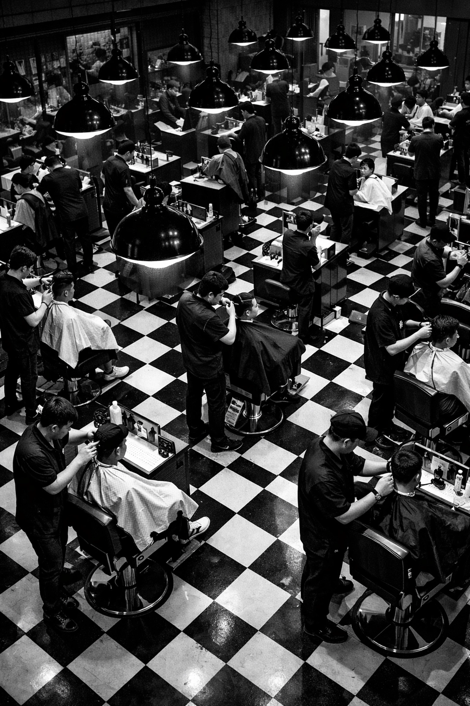 Ohio barber school training floor with multiple student stations and instructors