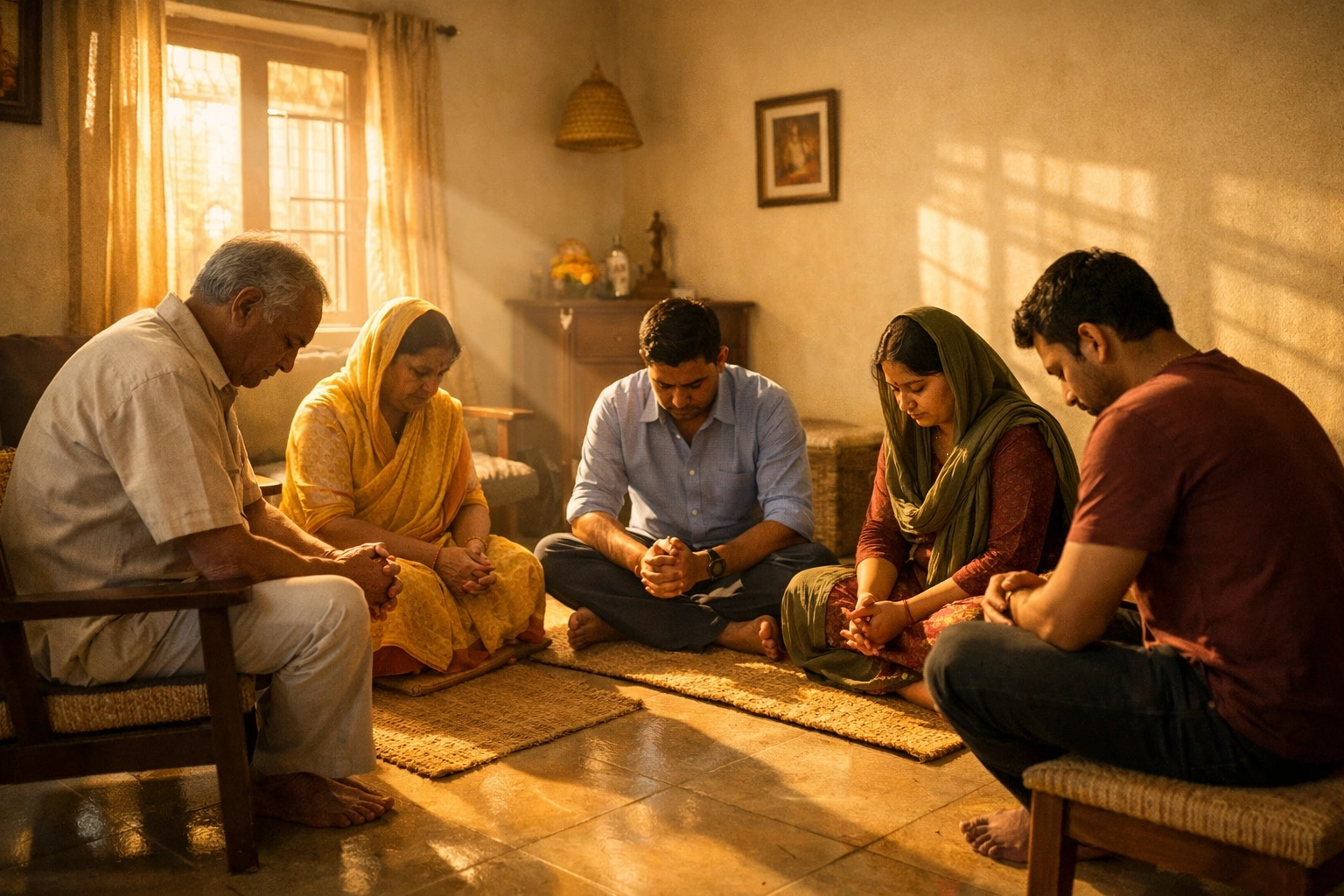 A small group of people praying together in a sun-lit Indian living room, representing religious freedom in private homes.