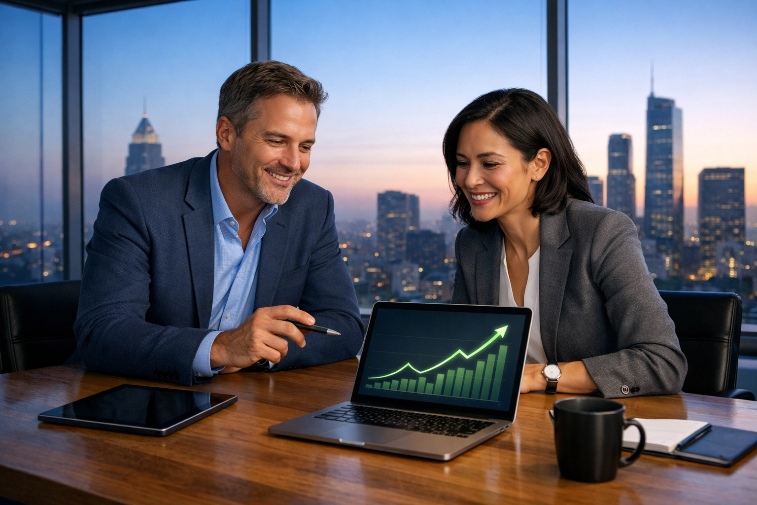 Business executives planning a strategic brand partnership for improved ROI and long-term consistent growth.