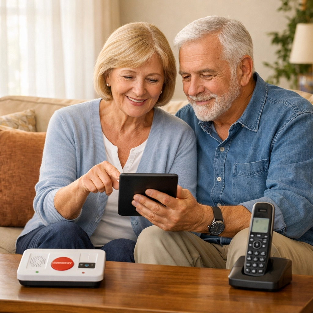 Senior couple reviewing medical alert system and emergency contacts at home