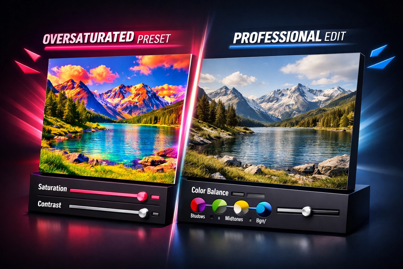 Before and after comparison showing overedited Lightroom preset vs properly customized photo edit