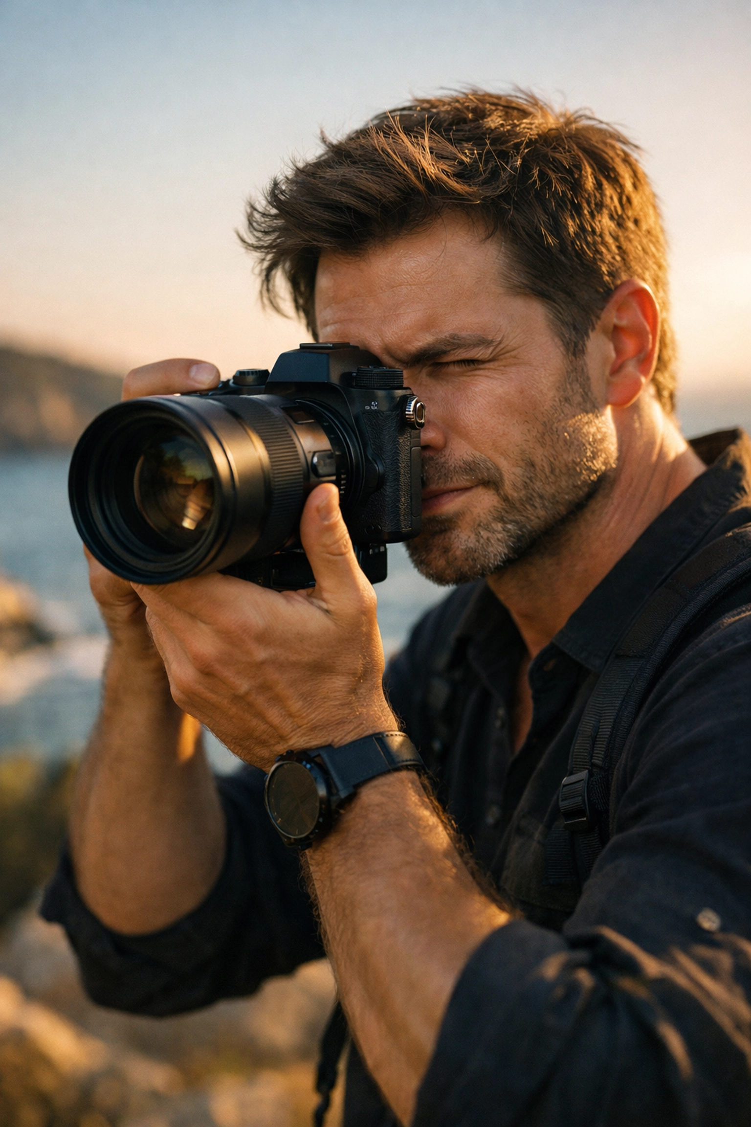 Vetted professional photographer with high-end gear shooting at a scenic outdoor photography location.