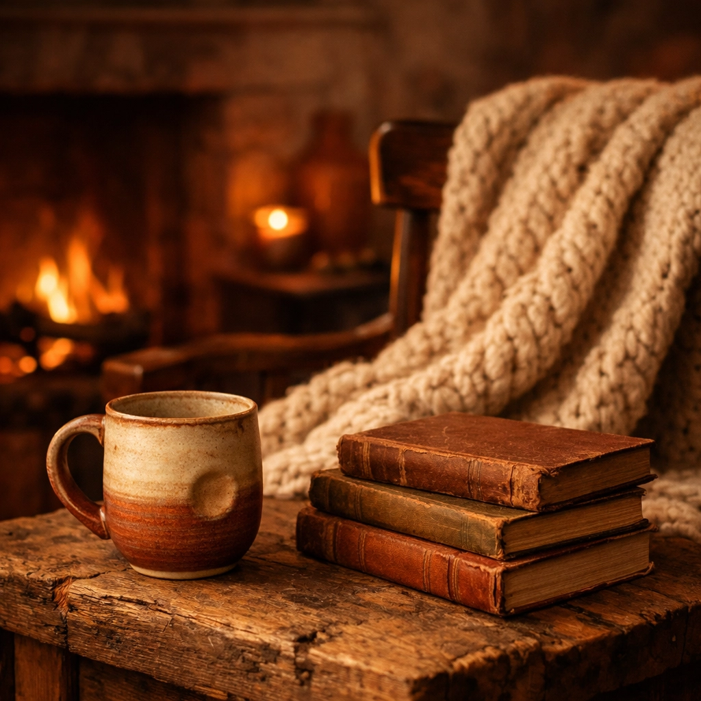 Cozy reading nook with a handcrafted ceramic mug and knitted wool throw for a stress-free home sanctuary.