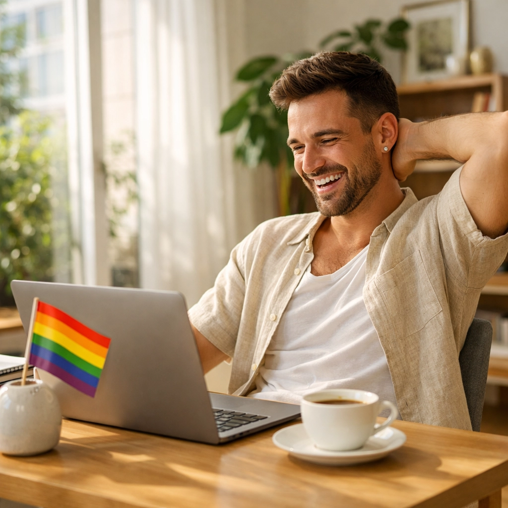 Successful gay author checking book sales at a sunlit home office desk with a pride flag.
