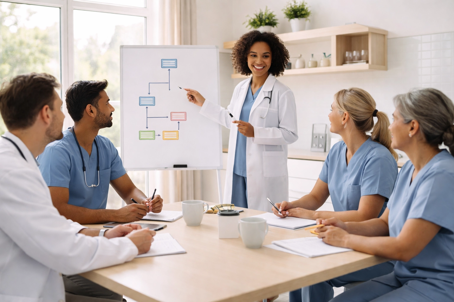 Healthcare team collaborating to streamline clinic operations in modern office meeting