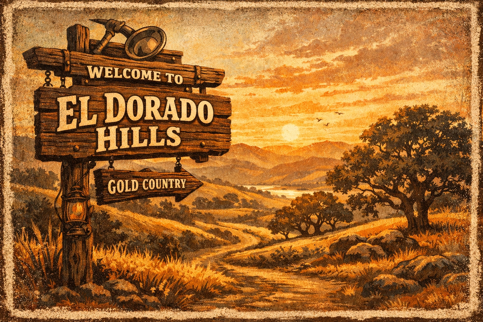 Scenic El Dorado Hills landscape at sunset welcoming our newest pizza restaurant location.