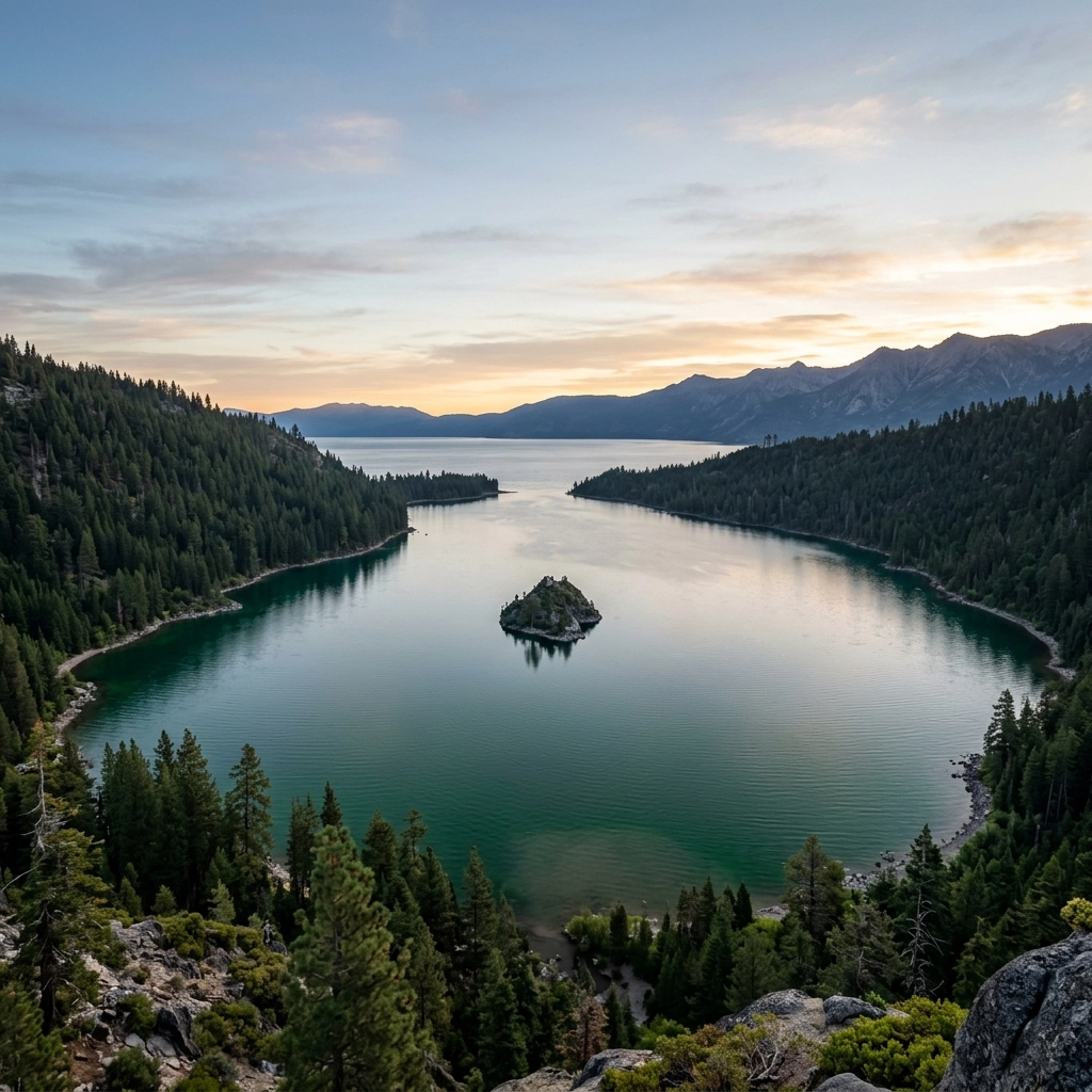 Iconic sunrise over Emerald Bay and Fannette Island, a must-see Lake Tahoe landscape photography spot.