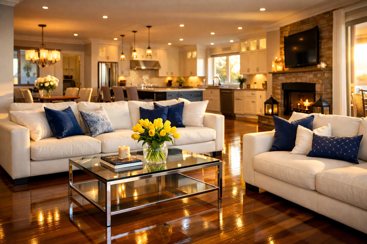 Immaculately clean Medway living room with shiny floors after a professional deep cleaning.