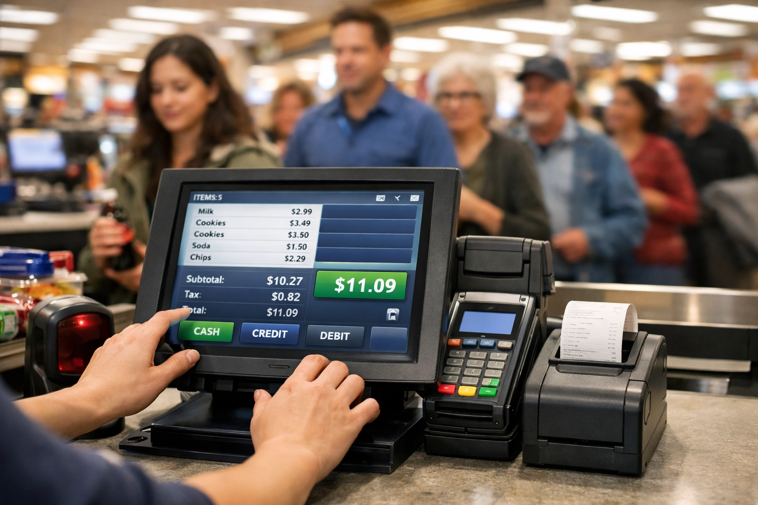 Cashier using professional hardware POS system during busy retail checkout with customers in line