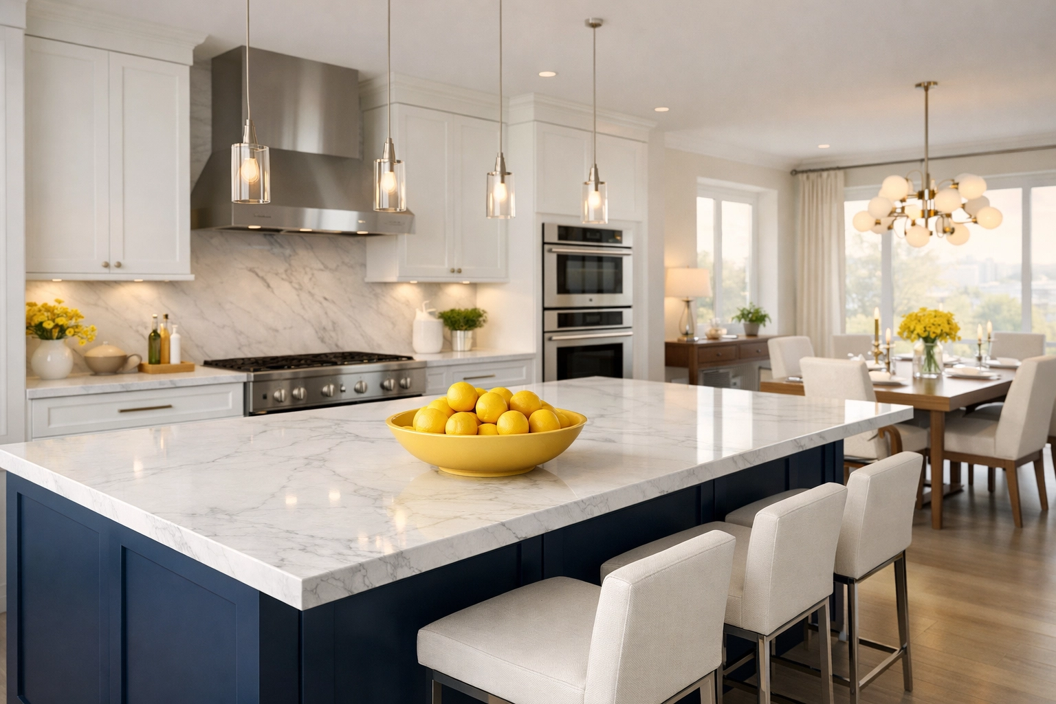 A perfectly clean and organized luxury kitchen with blue islands and white marble countertops.