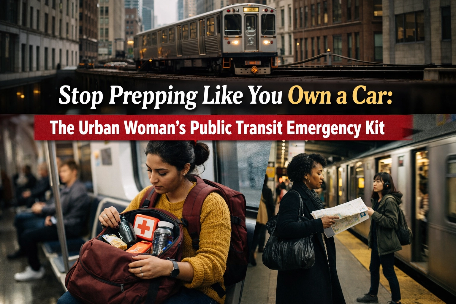 Title image: top image of elevated train traveling through the city, the two bottom images show women riding the train and waiting on a subway platform. The Urban Survival Kit: Emergency Prepping for the Carless Woman