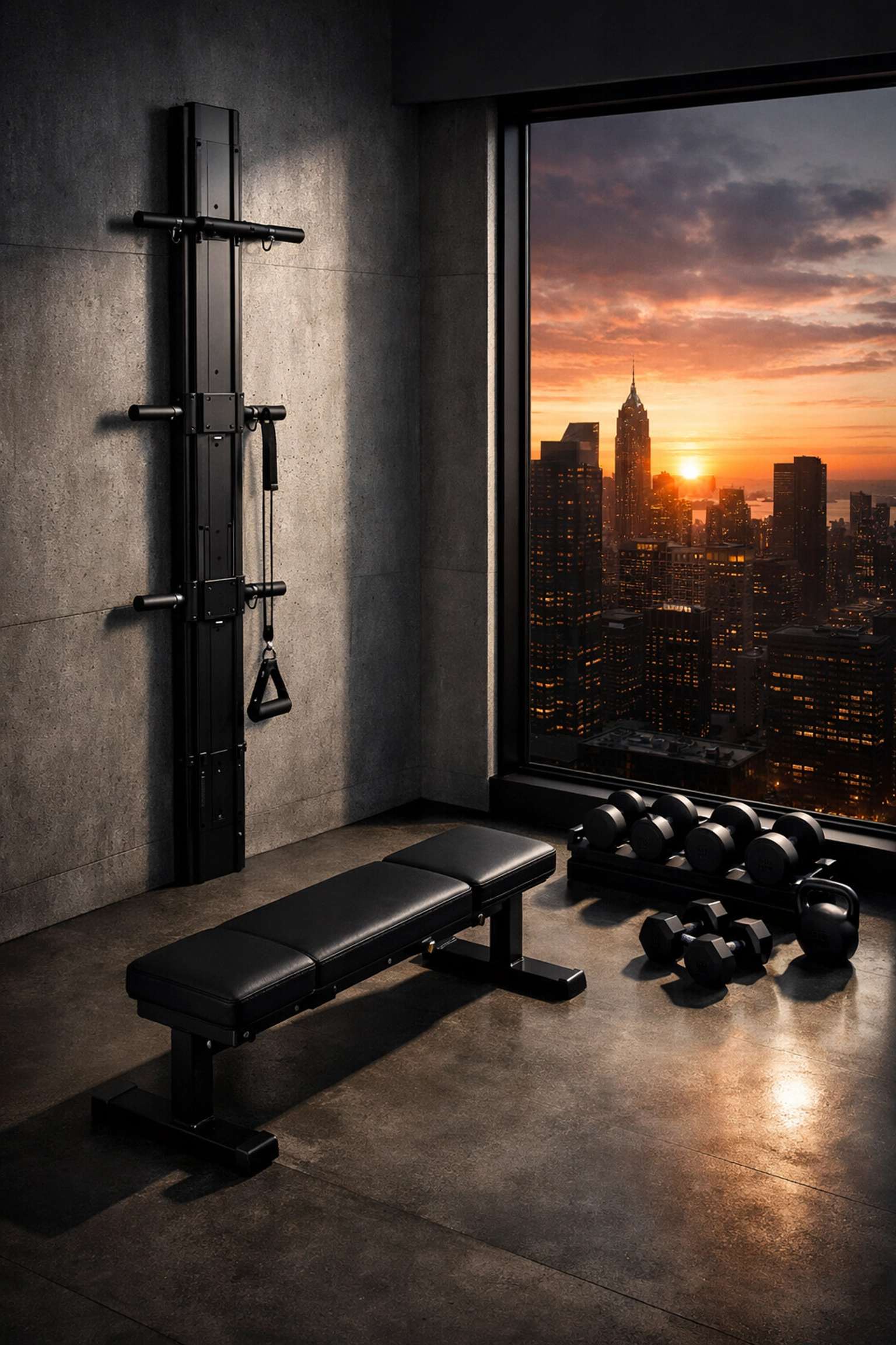 Sleek floor-to-ceiling fitness rail in a minimalist apartment gym for a no-wall-damage workout.