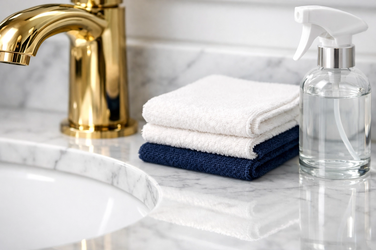Detailed view of eco-friendly Wenham residential cleaning supplies on a sparkling marble bathroom vanity.