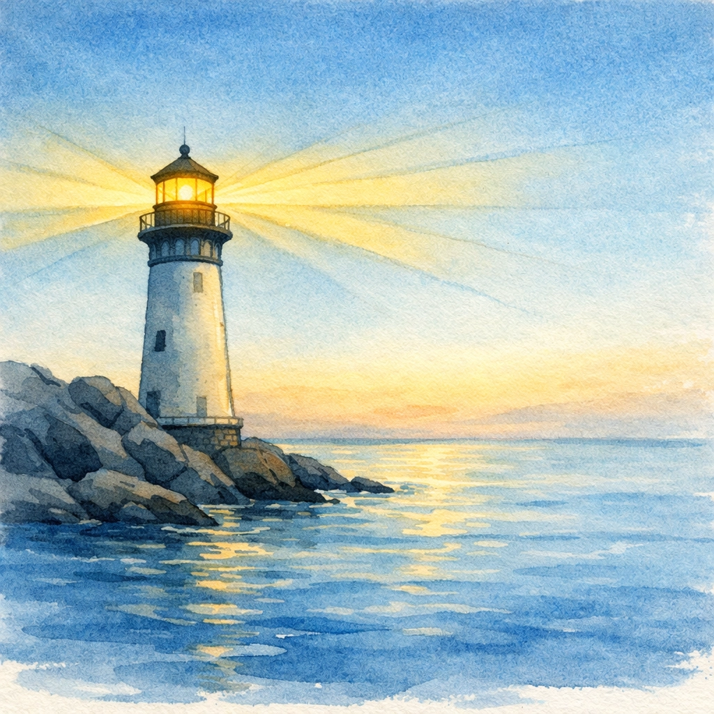 Lighthouse at dawn symbolizing consistent Christian leadership presence and guidance in business