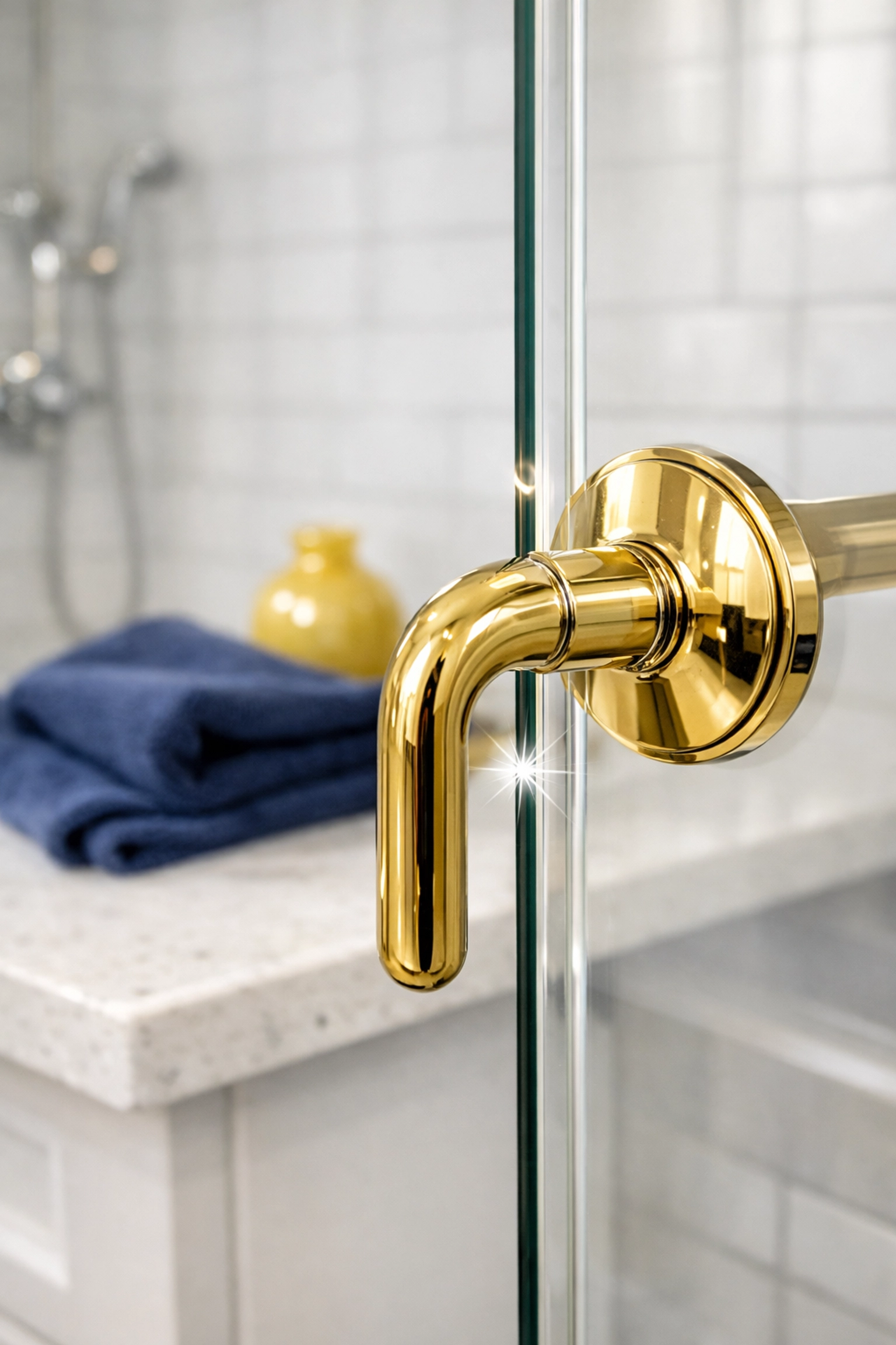 Detailed shot of polished bathroom fixtures and glass, showing the final touches of a professional clean.