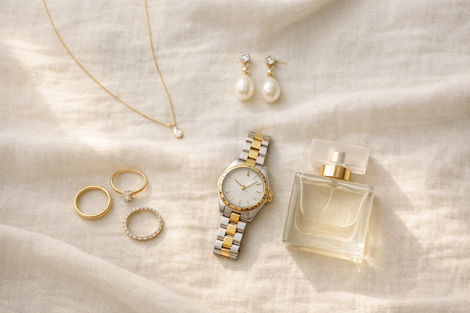 Flat lay of jewelry and styling accessories for a luxury portrait session (faceless).