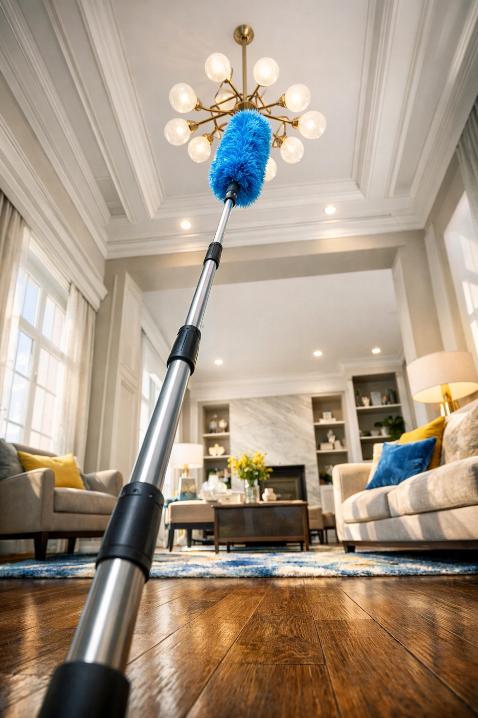 A professional duster reaching high light fixtures to demonstrate top-to-bottom House Cleaning Pepperell MA.