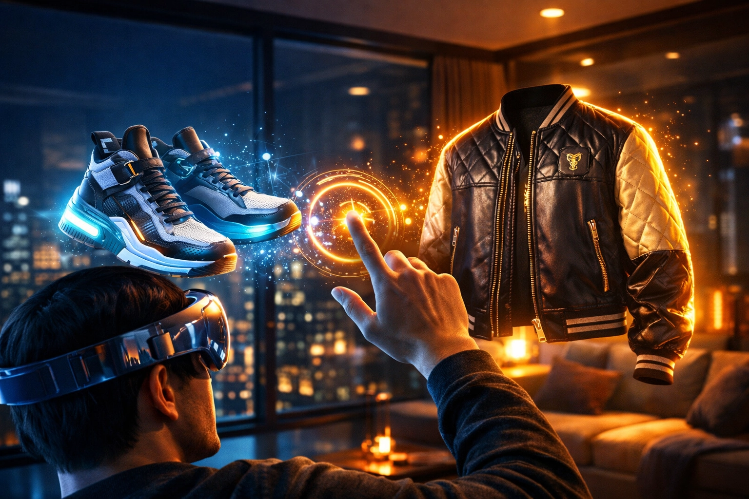 A person using an AR headset to shop for virtual fashion items in the metaverse with Larecoin payments.