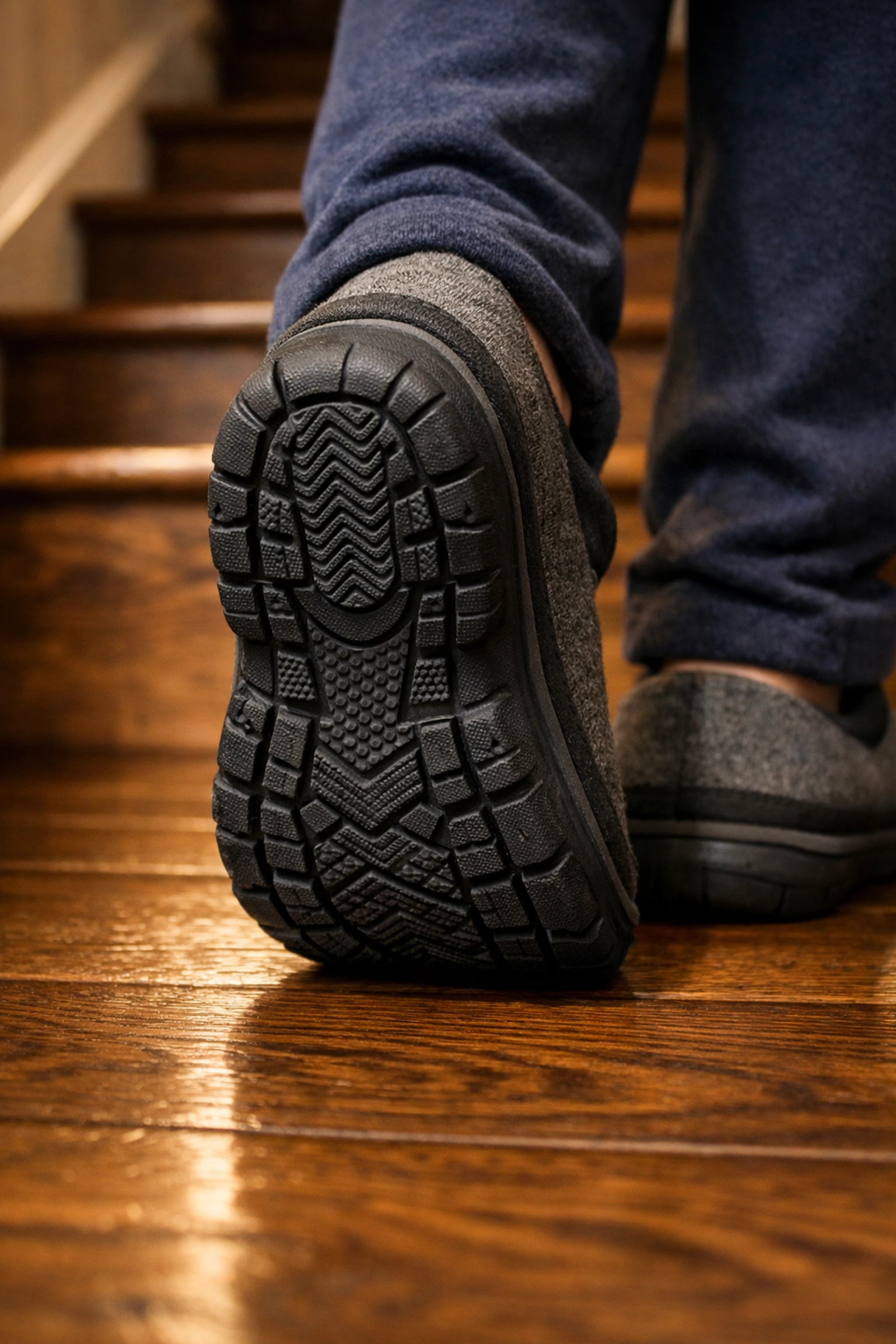 Supportive indoor shoes with non-slip rubber soles for better traction on wooden stairs.