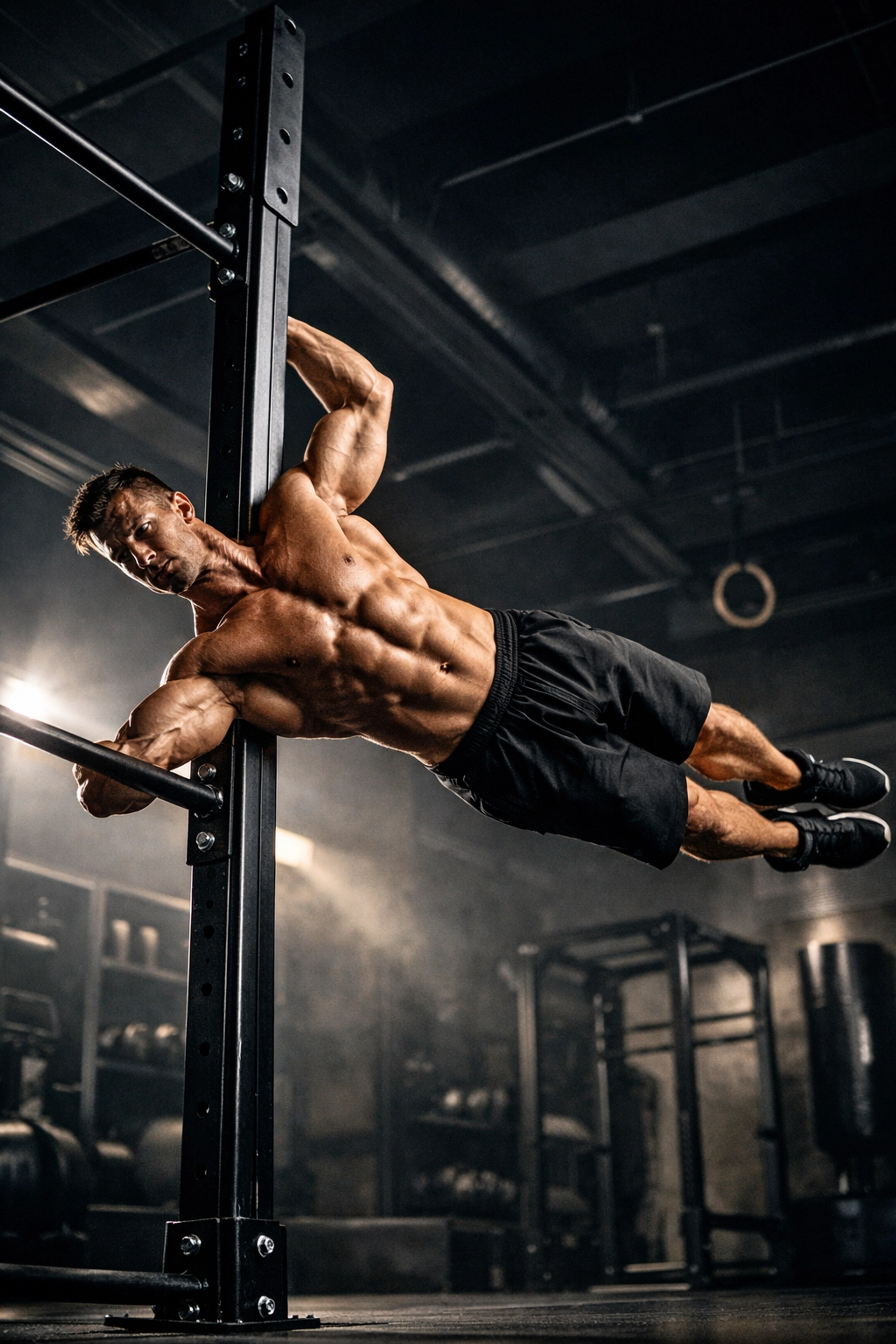 Athlete performing a human flag on calisthenics equipment for home using a sturdy vertical rail.