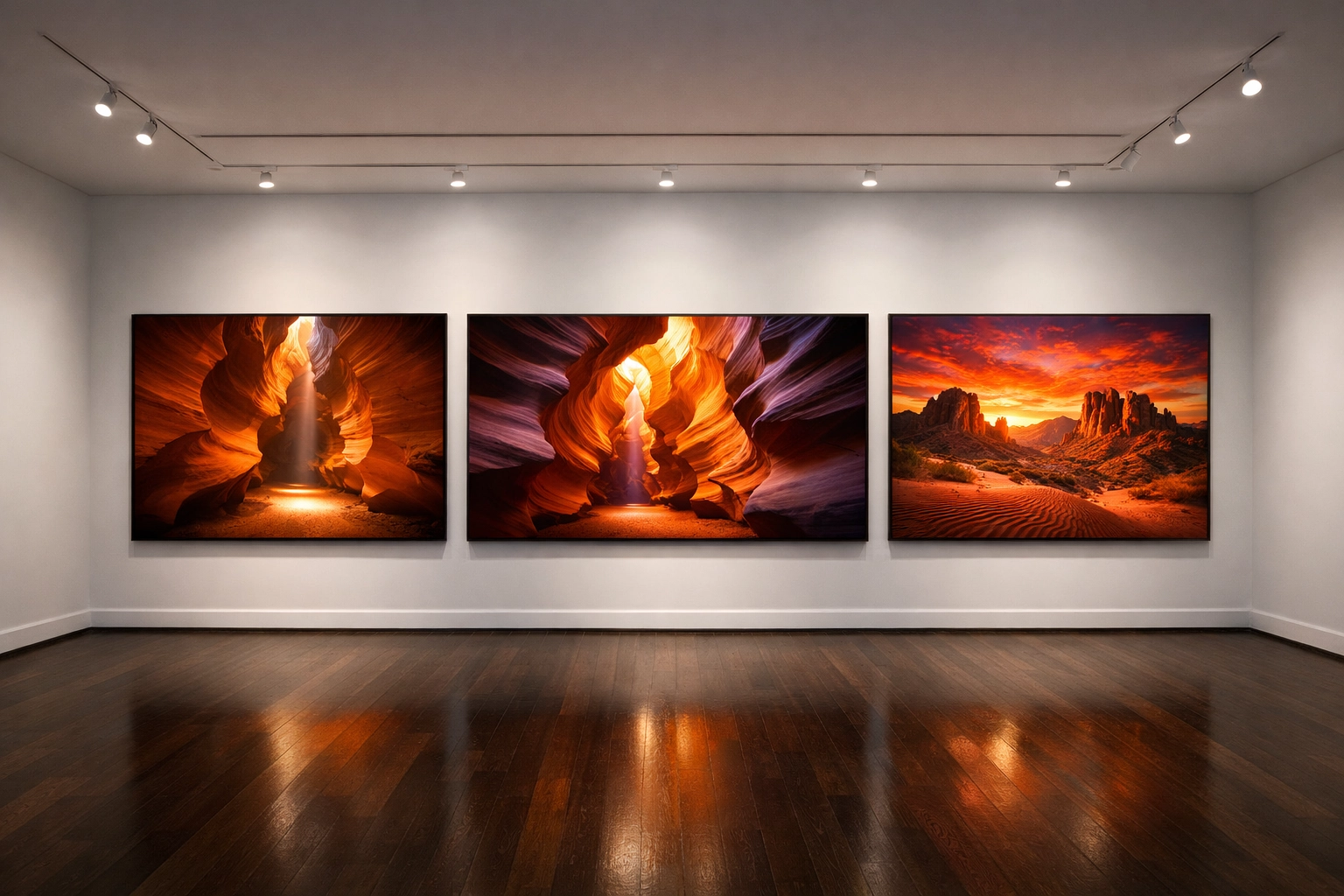 Large panoramic landscape photography prints showcased in a luxury art gallery for interior design.