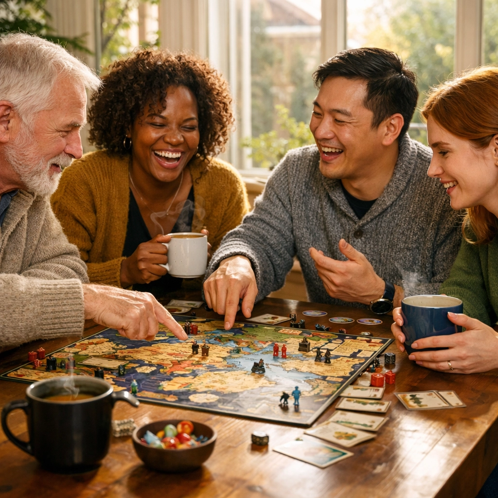 Friends playing a strategy game together to build cognitive reserve through social stimulation.