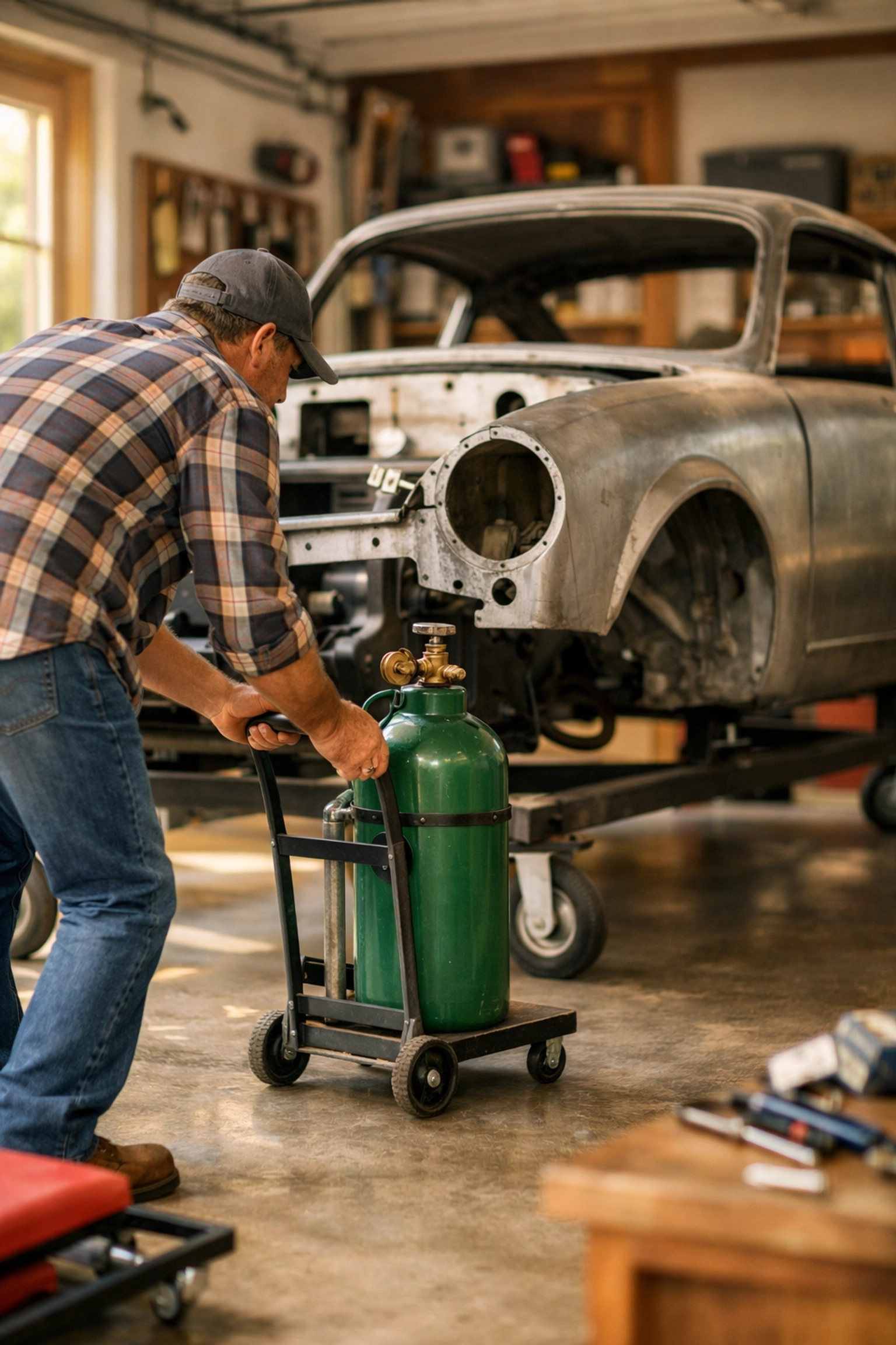 A 20L refillable gas cylinder on a trolley for a home garage car restoration project.