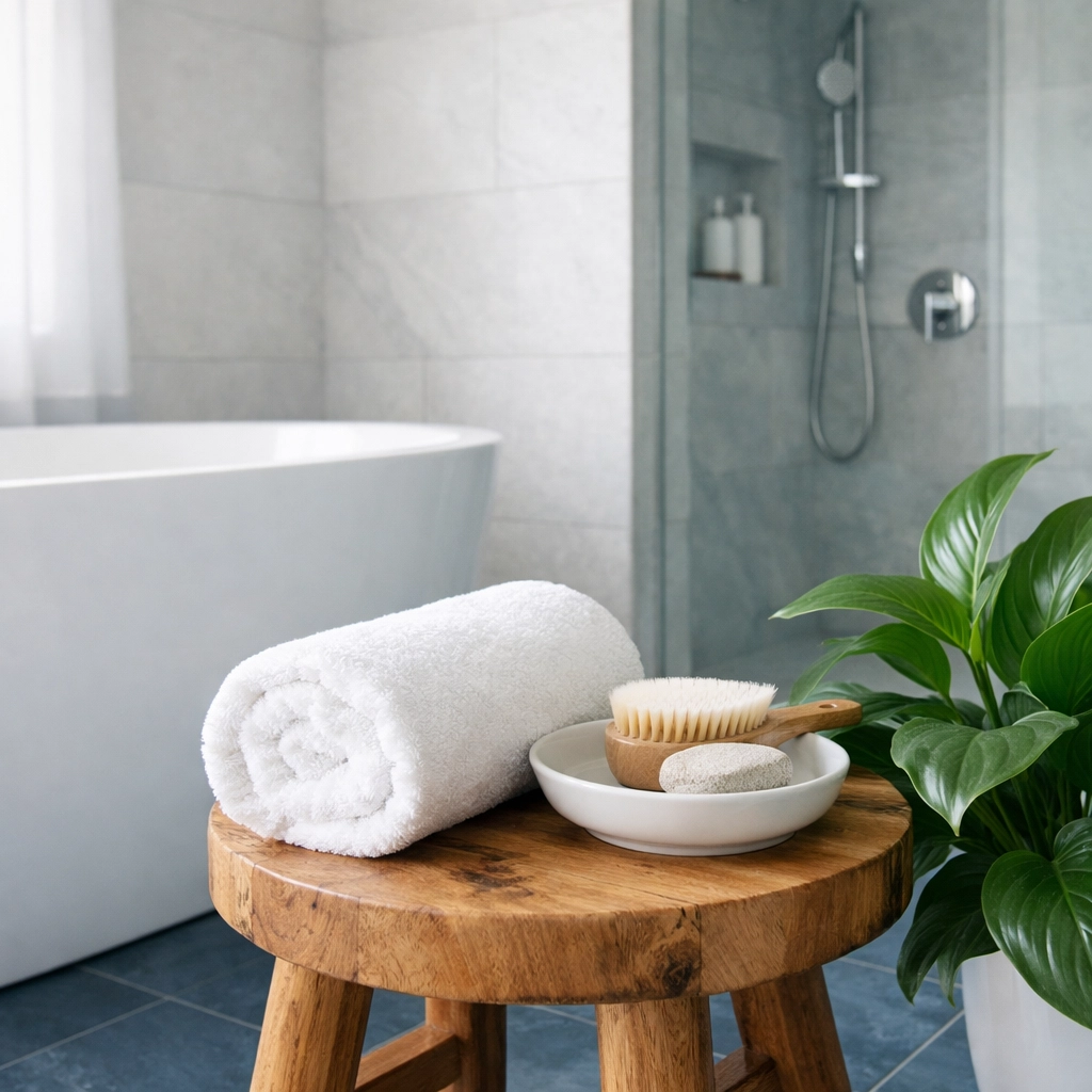 Eco-friendly luxury house cleaning in Hingham for a sanitized, spa-like bathroom with clean tiles.