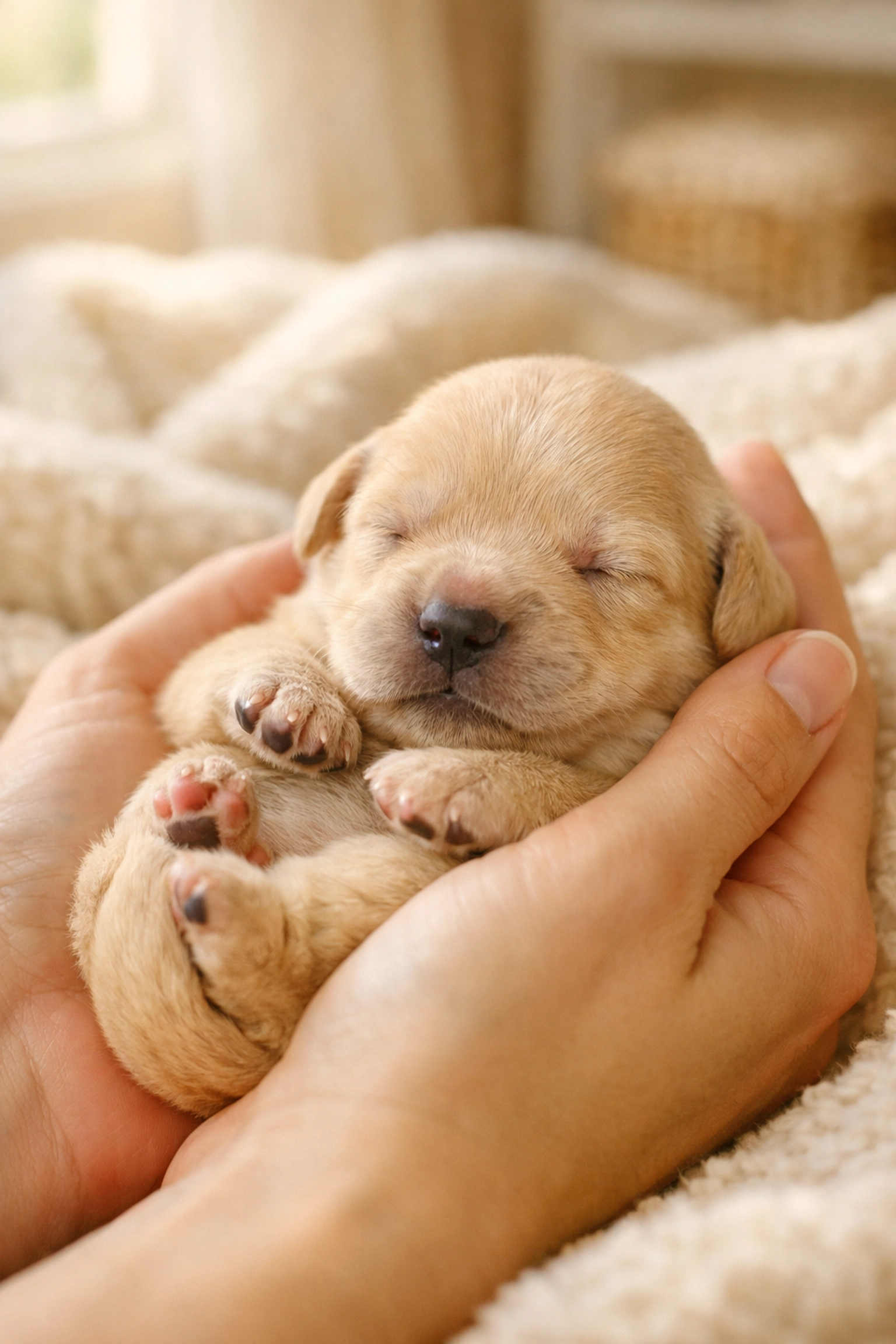 Newborn Golden Retriever puppy in hands for Early Neurological Stimulation at NextGen Goldens in Oregon.