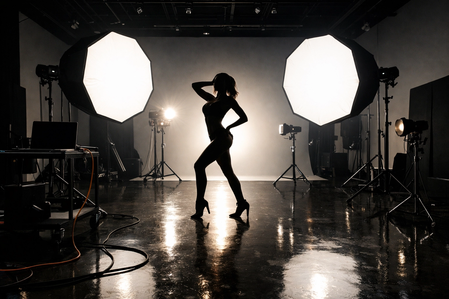 Professional photography studio with lighting equipment used in advanced photography tutorials.