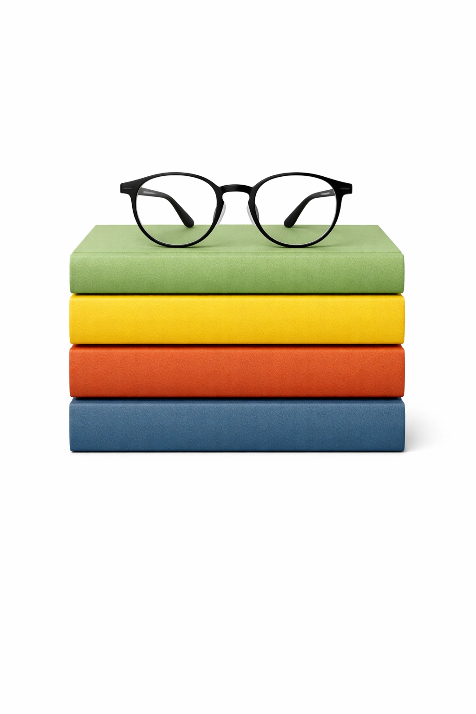 A stack of four colorful short books with reading glasses, representing a perfect reading list for every season.