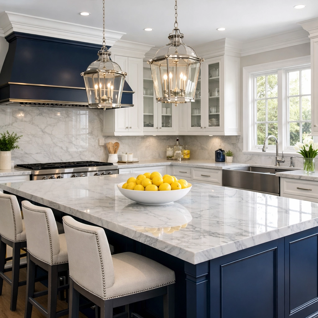 Spotless Dover kitchen with marble countertops after residential cleaning Massachusetts service.