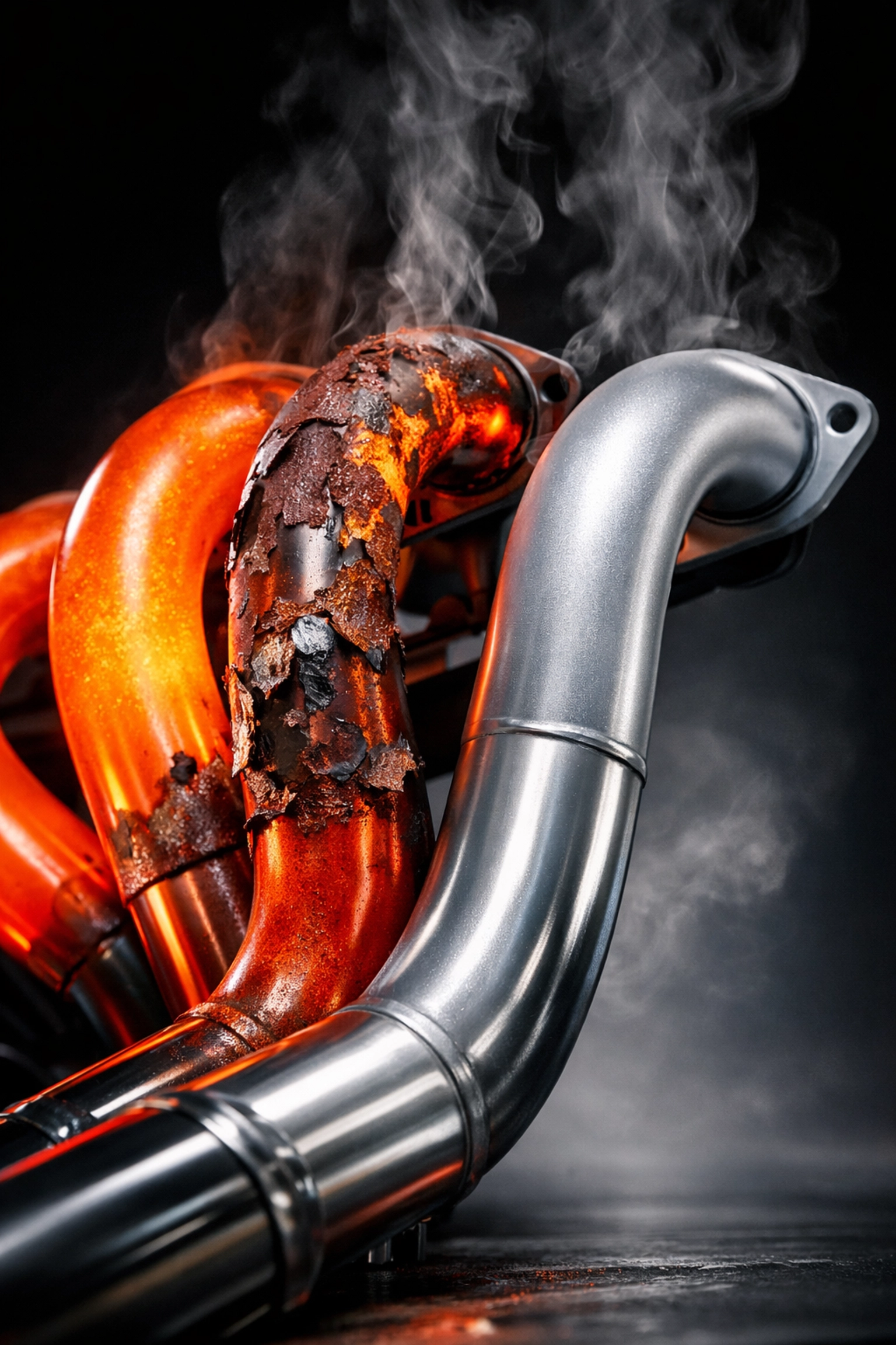 Exhaust headers showing failed powder coating versus heat-resistant ceramic coating