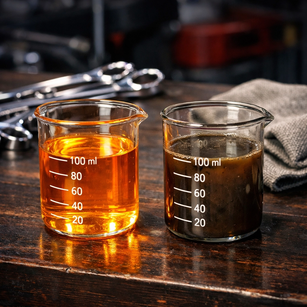 Comparison of clean, new brake fluid and dirty, contaminated fluid during a routine brake system flush.