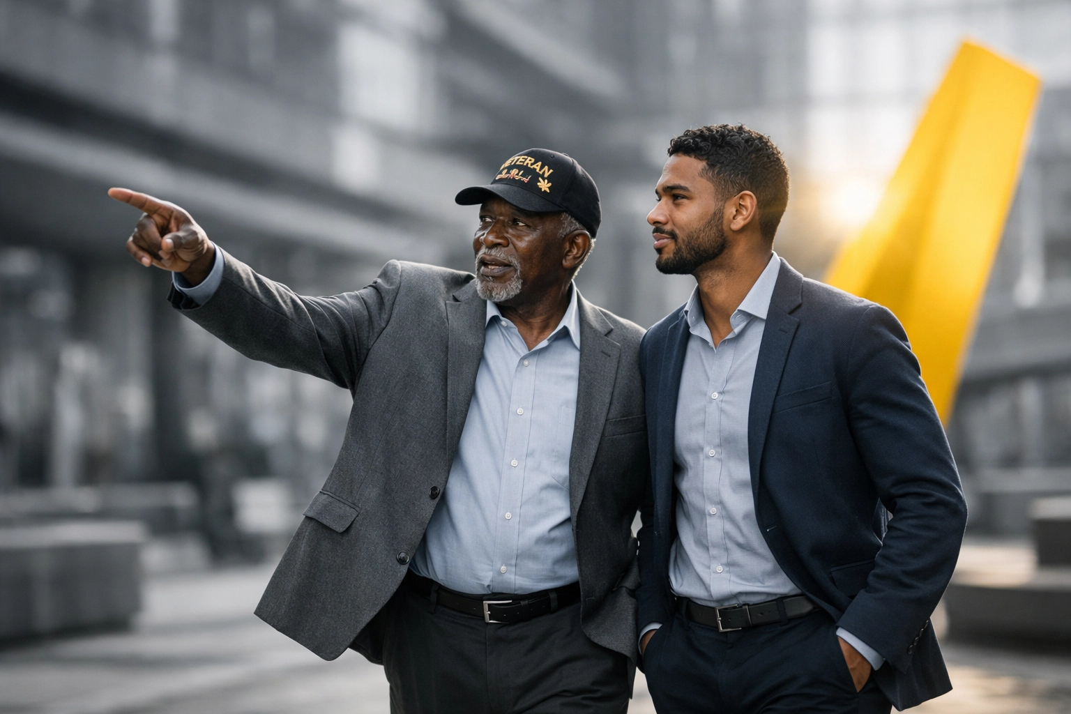 Black veteran of color mentoring a younger professional on navigating leadership in civilian spaces.